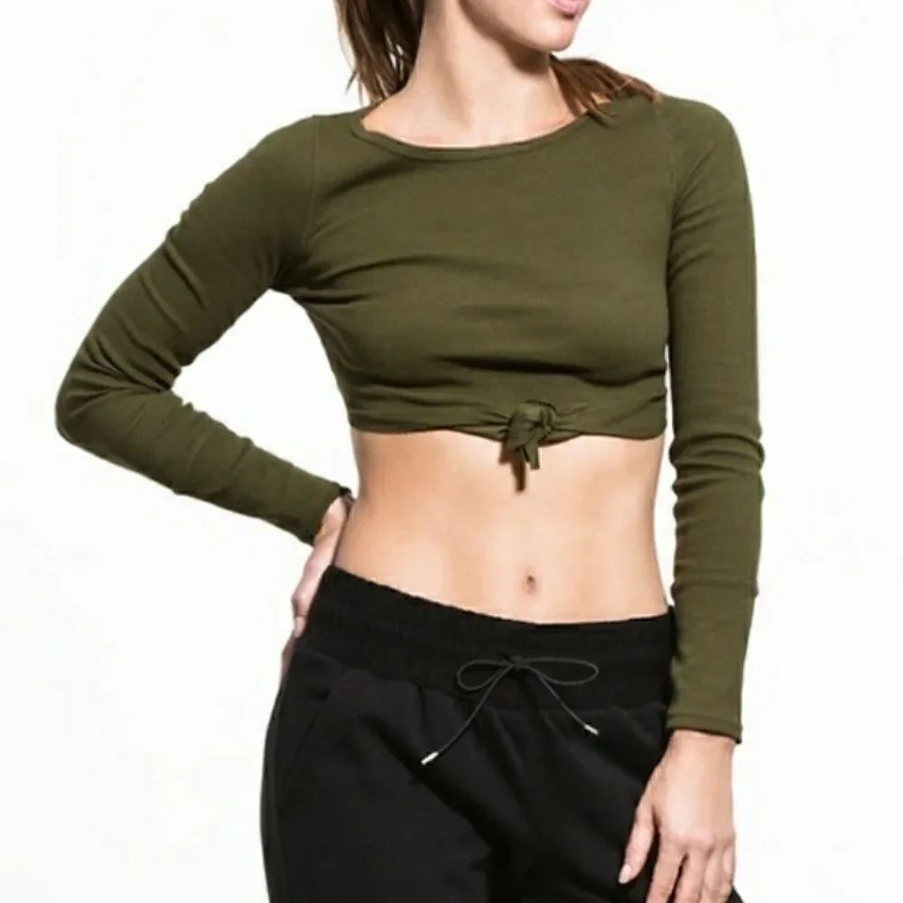 Free People Movement Long Sleeve Ribbed Knit Knot Front Cropped Top Size L Green